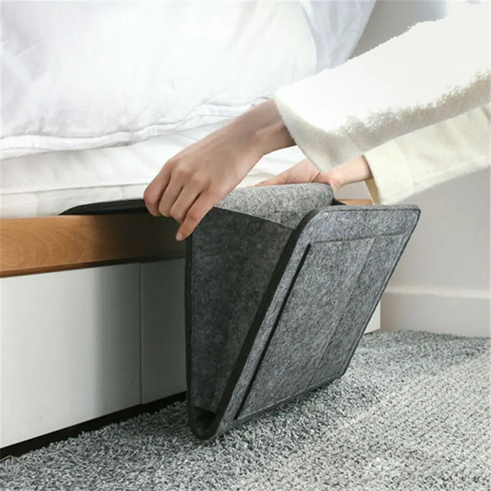 Gray Hbsite Felt Bedside Storage Bag with Pockets Tablet Insert Sofa Double Layer Hanging Organizer for DVD Remotes Magazines etc. 