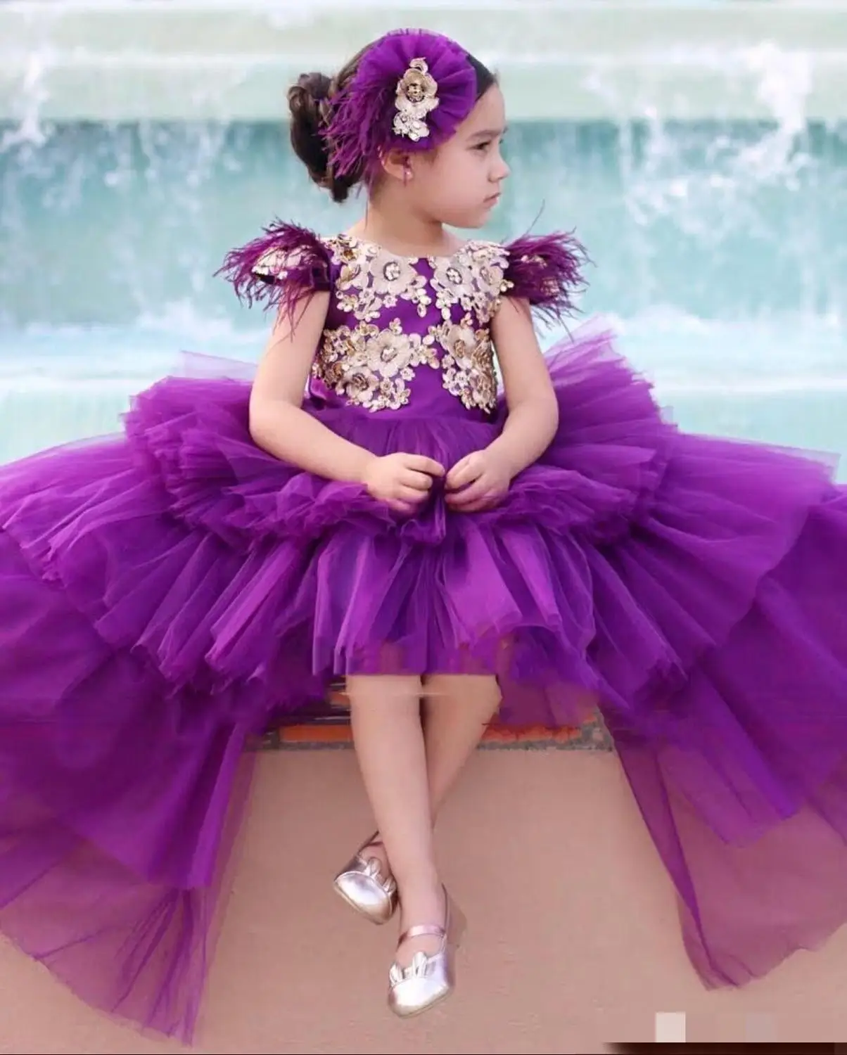 Elegant High Low Purple Girls Pageant Dresses Princess Cap Sleeve Gold Appliques Long Toddler Kids Floer Girl Party Prom Gowns F - Цвет: Фиолетовый