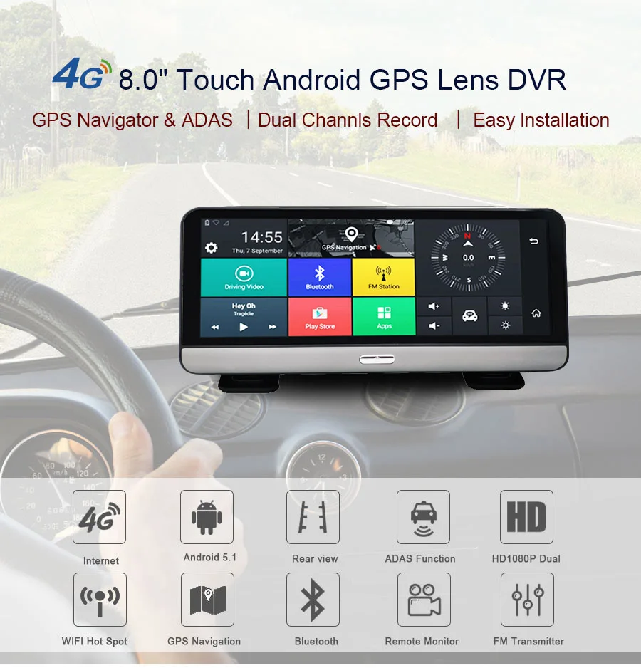 WHEXUNE 8,0 дюймов сенсорный ips Android 5,1 FHD 1080P Автомобильный видеорегистратор с gps навигацией wifi Bluetooth ADAS Google play Двойной объектив видеорегистратор