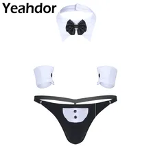 3 шт., мужской дворецкий официант, Кружевной Костюм с открытой спиной, смокинг, трусики-танга, нижнее белье+ галстук-бабочка, браслеты, сексуальные трусы для геев