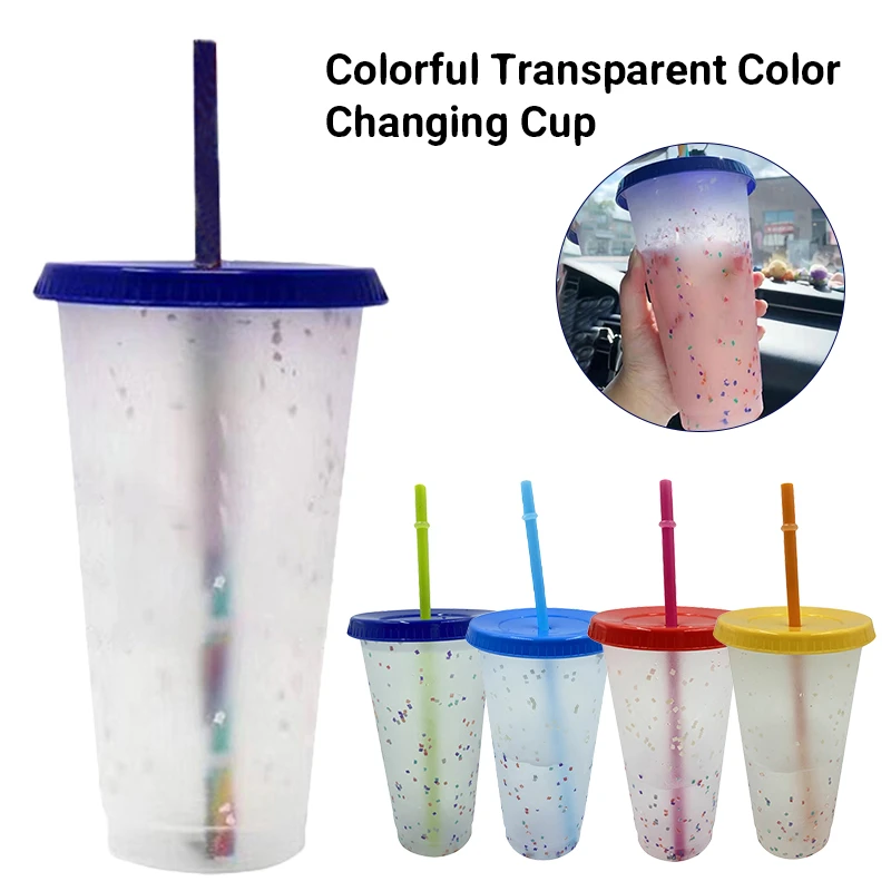 5pcs 700ml Color Changing Cups Confetti Cold Cups Plastic Reusable Coffee Juice Mugs With Lid Straws Water Bottle Random Color Mugs Aliexpress