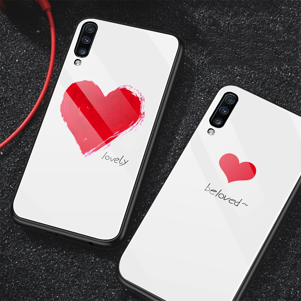 

Fashion Couples Glass Case For Samsung Galaxy A70 A50 A30 A20 A10 Case Lovely Heart Painted For Samsung A 70 50 30 Phone Cover