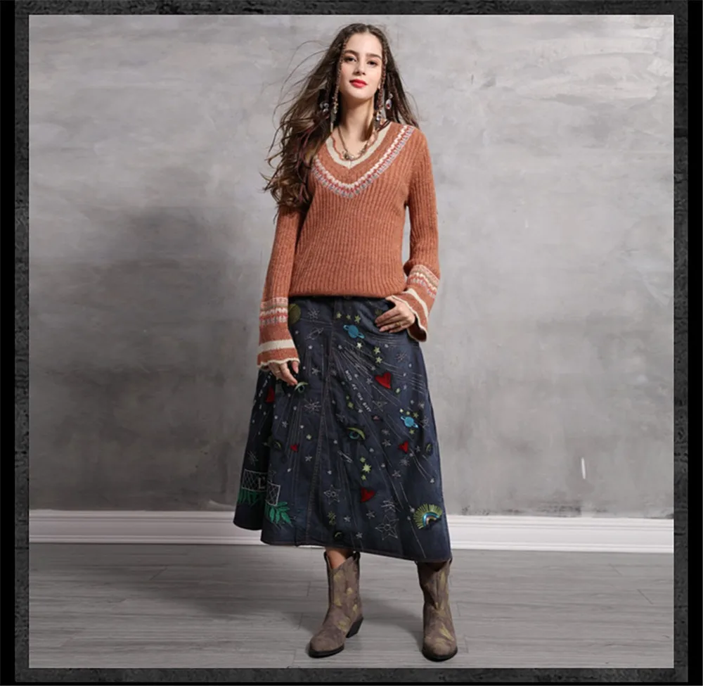 Spring Women Embroidery Loose Sweater 2020 Knitting Cotton Wool Pullover Flare Sleeve V neck Christmas bottoming Sweaters 9268 (12)