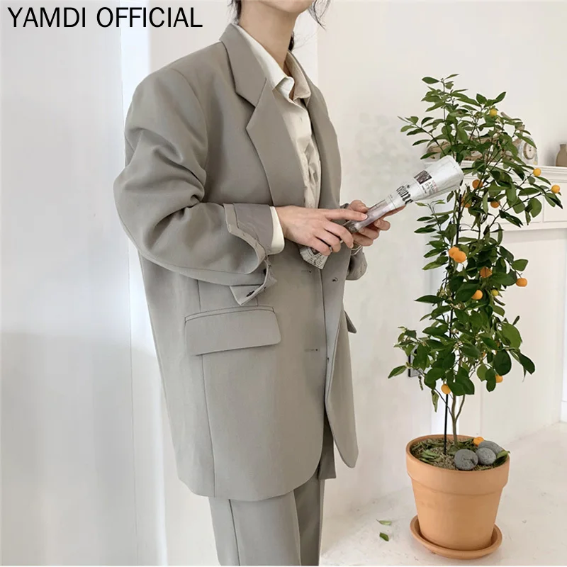 YAMDI Женский блейзер комплект Женский однобортный пиджак+ брюки с высокой талией винтажные брюки костюм осень 2 шт