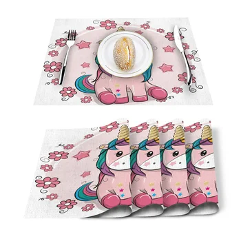 

Unicorns Flowers Cute Pink Pretty Placemat Washable Cotton Linen Table Cloth Pad Mat Rectangle Placemats Heat Resistant