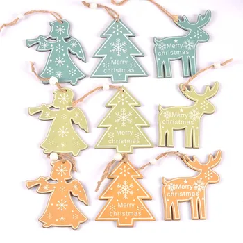 

3pcs blue/green Wood Christmas Tree Pendant Hanging Ornament Angel Reindeer Xmas Party Decor DIY Home Decoration