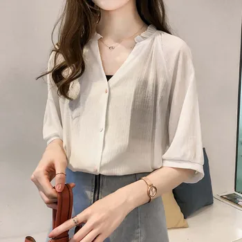 

New Women Casual Blouse Half Sleeve Tops Autumn Fashion Sexy Loose V Collar Blouse