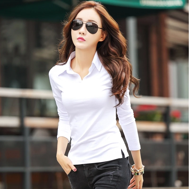 

Korean Clothes Long Sleeve T Shirt Women 2020 Fall Simple Turn Down Collar Woman Tshirt Slim Plus Size Tops and Tees Soft Cotton