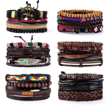 

16 Styles Vintage Multilayer Handmade Bohe Rope Leather Bracelets Leaf Anchor Aircraft Wood Beads Bracelets & Bangle Wholesale