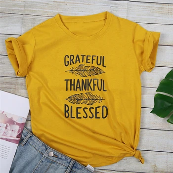 

Yellow T Shirt Women Grateful Thankful Printed T -shirt Plus Size Women Casual Tops Tee For Summer 2020 New Streetwear Female