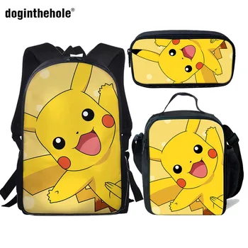 

Doginthehole 3PCs/Set Cartoon Children's School Backpack Anime Pikachu Kids School Bags Pokemon Design Teenagers Book-Bags Set