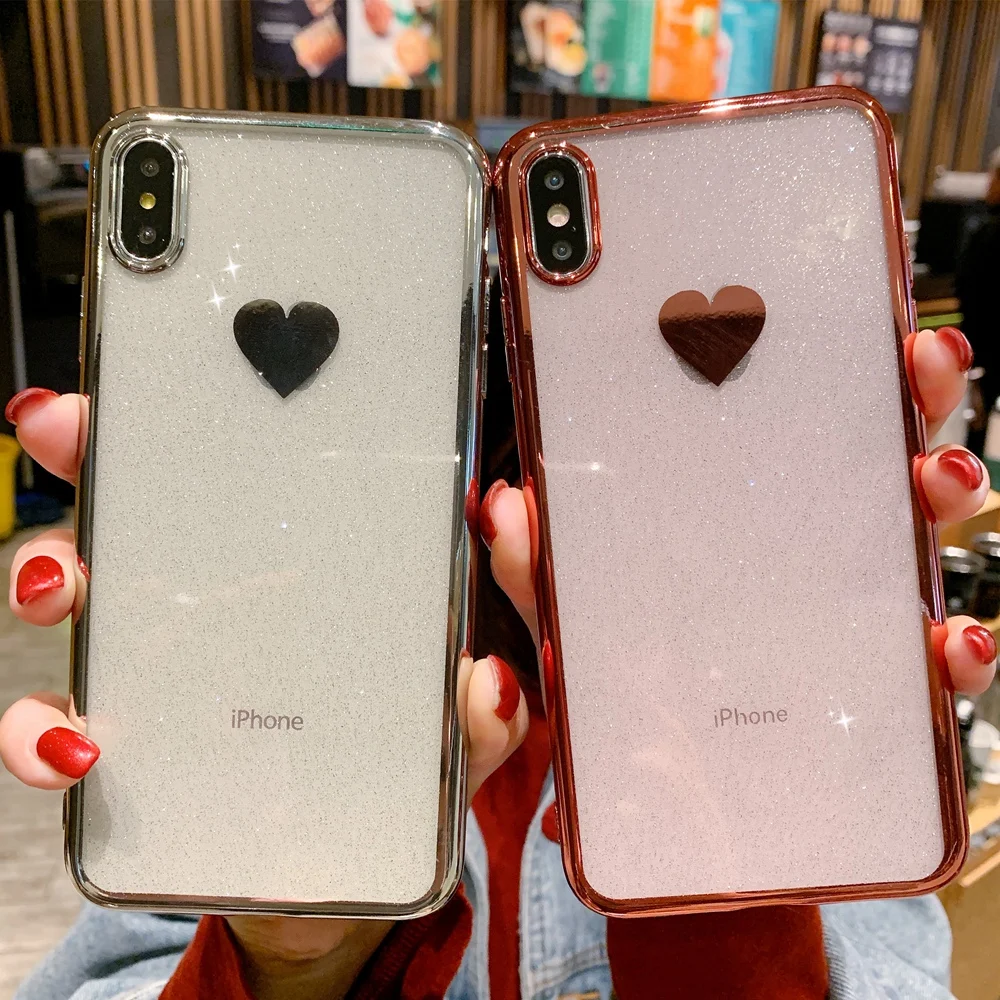 For iPhone 11 Pro XS Max XR 7 8 Plus 6 6s X Bling Glitter Plating Love Heart Transparent Soft Silicone TPU Phone Case Cover | Мобильные