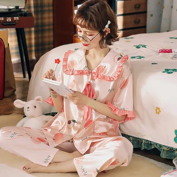 

Women's sleepwear summer short sleeve 2 pcs pajama set soft ice silk imitate silk thin summer casual top pant home wear suit