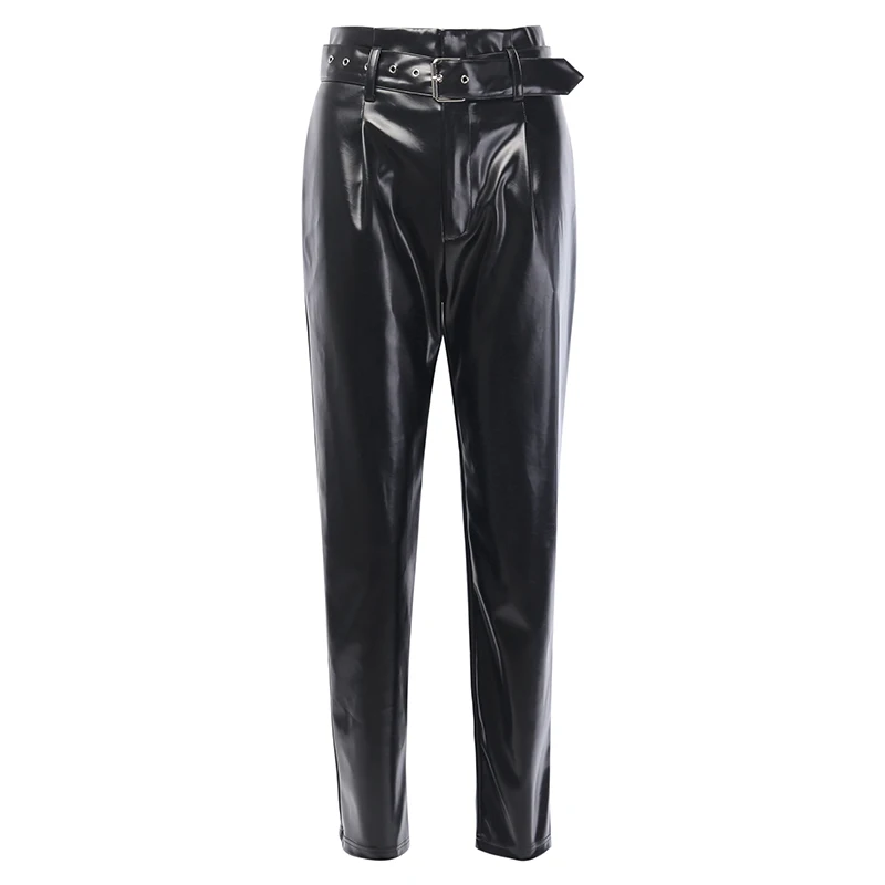 WannaThis Black Faux Leather Straight Pants With Belt Elegant Casual Women Autumn High Waist Streetwear Ladies Vintage Trousers