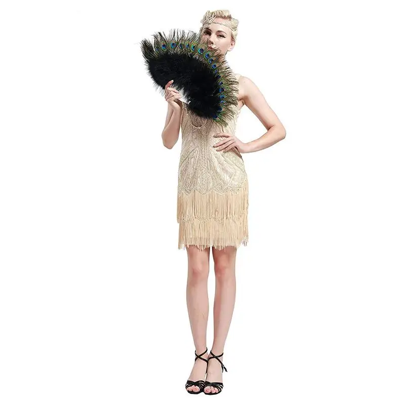 Roaring 20S винтажный Стиль Павлин и черный Марабу веер из перьев Flapper аксессуары 135,6x68,6 см
