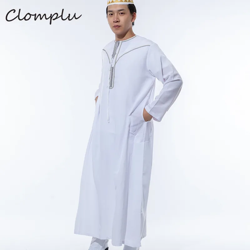 Clomplu белый мусульманский кафтан абайя jubba tobe хлопок Арабский исламский одежда мужская повседневная с длинным рукавом Musulman