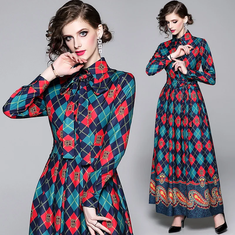 

winter dress New retro print long section large waist slimming party autumn dress