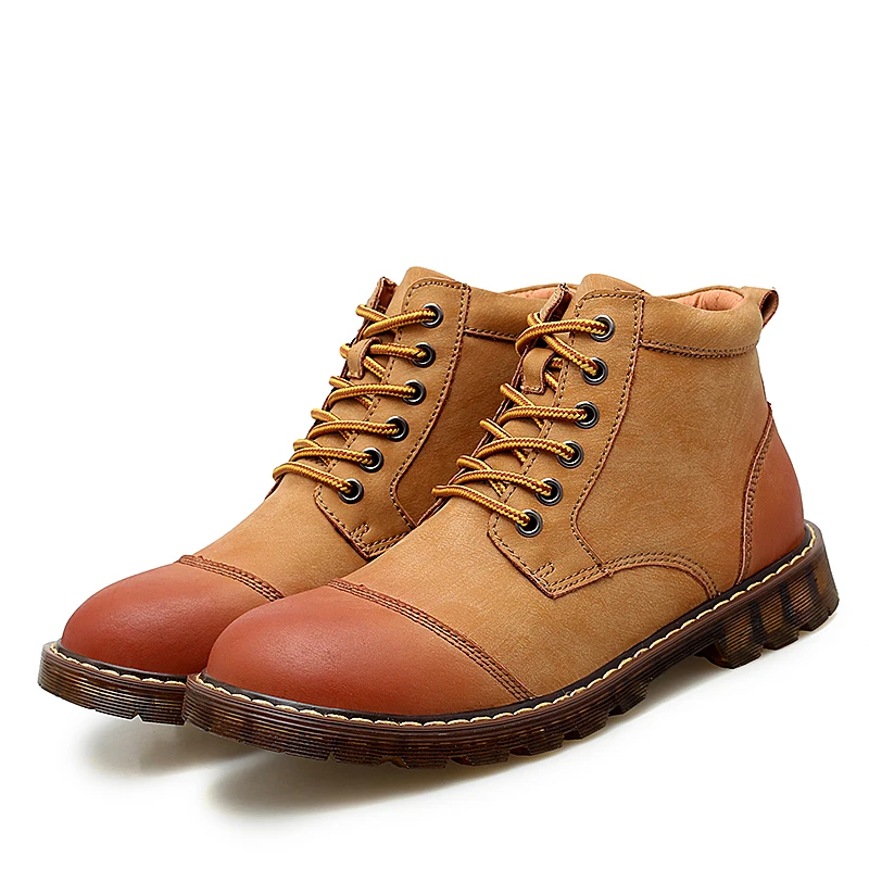 KATESEN/мужские ботинки; натуральная кожа; Martin; зимняя теплая обувь унисекс; британский стиль; Винтажные ботинки-дезерты высокого качества; большие размеры 38-46 - Цвет: Коричневый