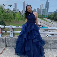 Seвинтажное темно-синее кружевное бальное платье с лямкой через шею и бисером, Многоуровневое длинное вечернее платье с открытой спиной, вечерние платья Vestidos De 15