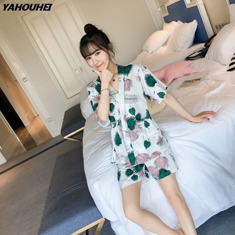 

Shorts Kimonos Mujer 2019 Summer Short Pants + Short Sleeve Tops Pajama Sets For Women Cotton Pyjama Nightwear Homewear Clothing