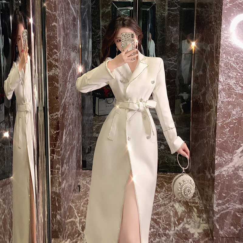 Fashion Autumn Celebrity Lady's Water Drilled Diamond Double-breasted Suit Dress Slim Shiny Women Blazer Dress