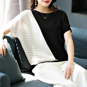 

Summer round neck stitching short-sleeved knitted T-shirt women