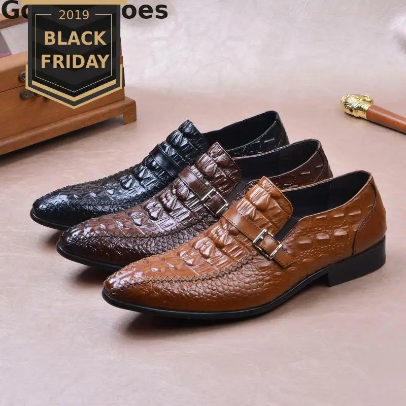 Alligator Printed Men Leather Shoes Black Brown Cowhide Men Dress Shoes Single Buckle Strap Monk Shoes Formal Business Shoes Men