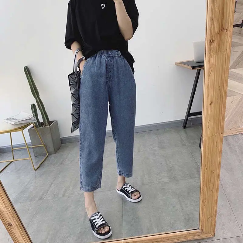 Summer Ultra-Thin Jeans Women's Elastic Waist Loose Korean-Style Slimming Large Capri Straight Harlan Dad Pants