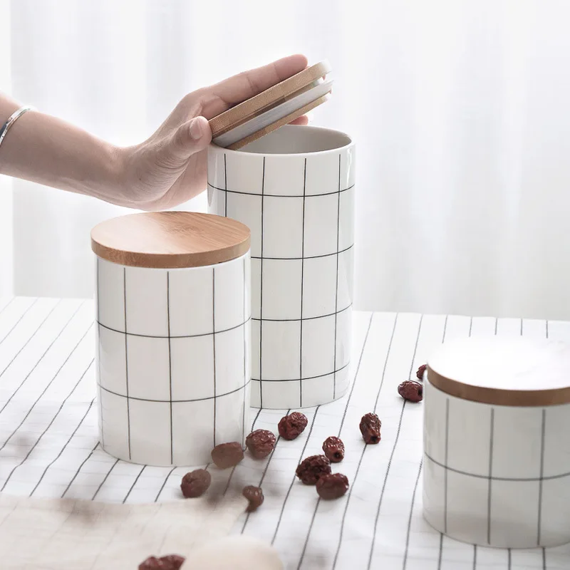 

Nordic Grid Ceramic Storage Jars with Lid for Eating Large Coffee Spices Tea Storage Tank with Cover Kitchen Tool
