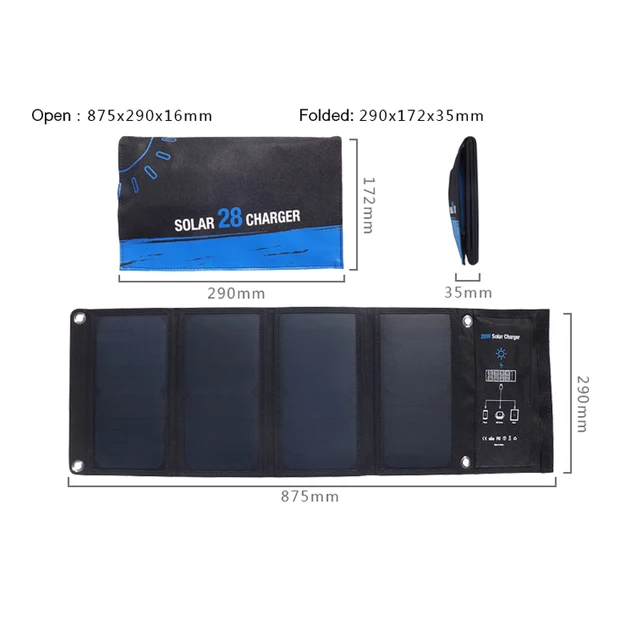 Fovigour 28W Solar Charger 3 USB Ports Foldable Portable Solar Phone Charger with SunPower Solar Panel for Smartphone 5