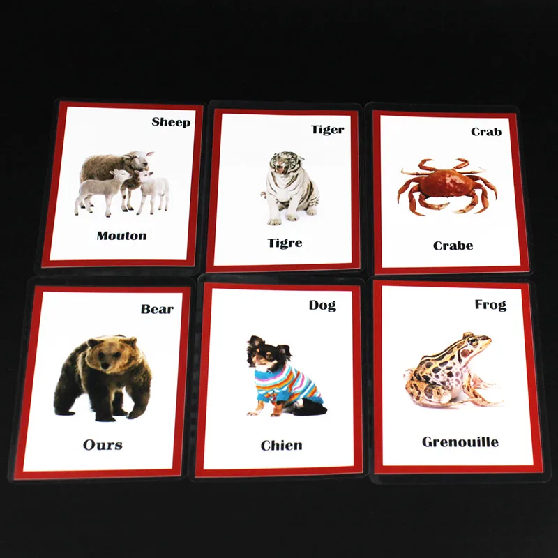 Children Montessori French/English Animals Word Learning Card Flashcards Games Puzzles for Kids Baby Juguetes Educativos Toy 5