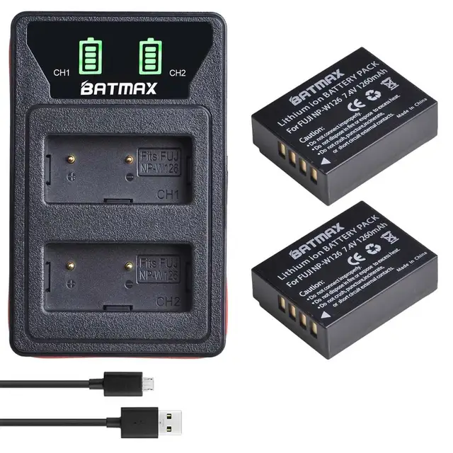 Batmax NP-W126 NP-W126S Battery+LED Dual USB Charger&Type C Port for Fujifilm HS30EXR HS33EXR X-Pro1 X-E1 X-E2 X-A1 X-A2 X-T20 2B with charger