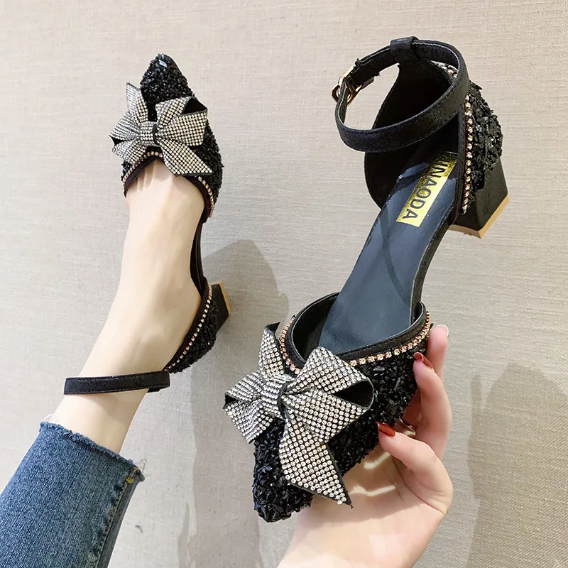 

Fashion The New Summer High Heels Women Butterfly-knot Pointed Toe Party Buckle Strap Med (3cm-5cm) Sequined Cloth Square Heel