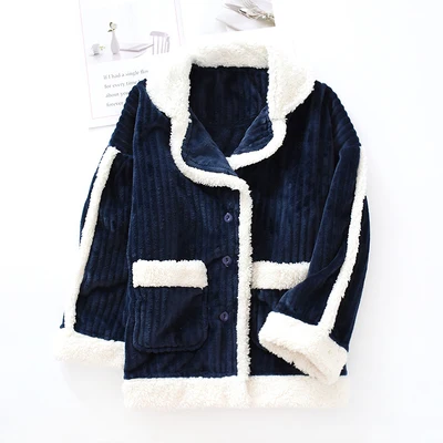 single top navy blue Теплые; больших размеров из бархата утепленные, фланелевые пижамы набор Для женщин осень-зима пэтчворк кашемировый коралловый флис домашний костюм из 2 предметов, Пижама - Цвет: single top navy blue