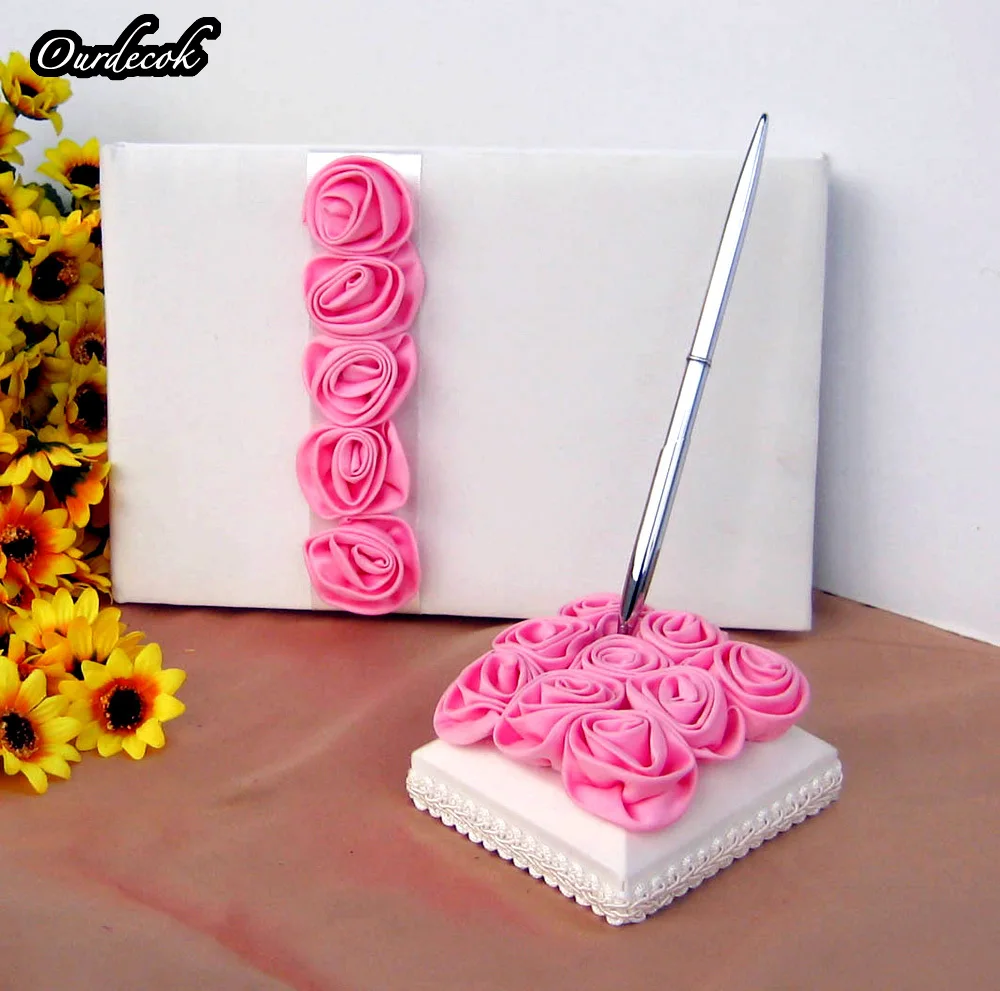 

2Pcs/set Red/pink Rose Decor Wedding Satin Guest Book&Pen Set for Bridal Decoration Product Supplies