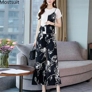 

2020 Summer Fashion Korean Printed Two Piece Sets Outfits Women Fake Two Piece T Shirts + Wide Leg Pants Suits Office Casual Set