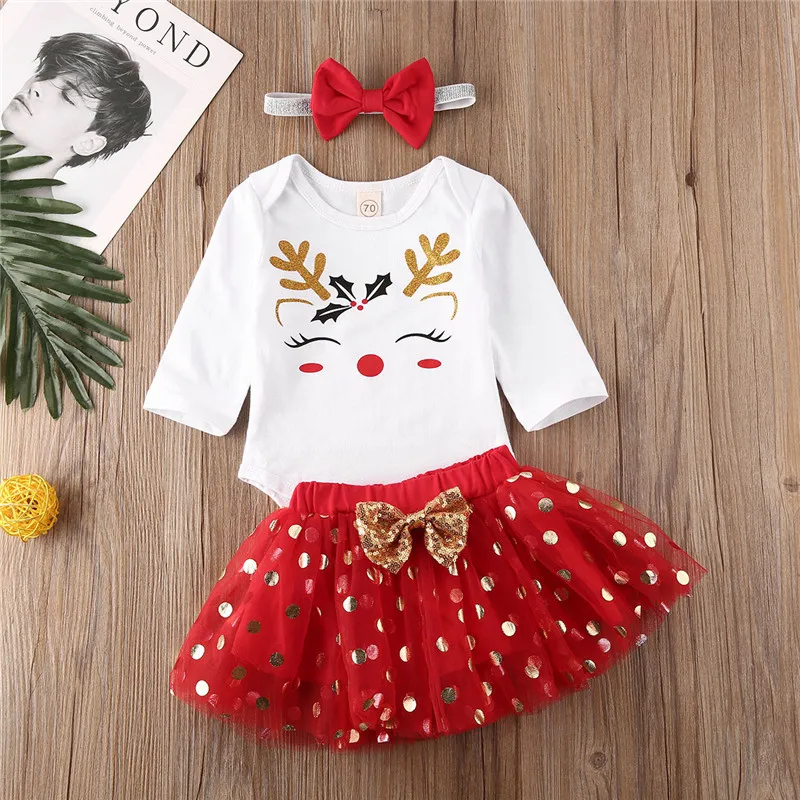 Комплект одежды на первое Рождество для новорожденных девочек 0-18 месяцев, комбинезон, топы, кружевная юбка-пачка, комплект с платьем, элегантные вечерние рождественские наряды