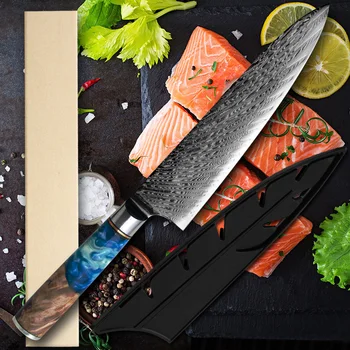 

Japanese Vg10 Damascus Steel Kitchen Knife Blue Resin + Color Wood Handle Gift Box Case Sheath Chef Knife Cleaver Santoku Knife