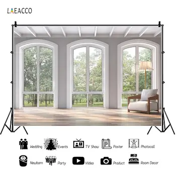 

Laeacco Gray Living Room Chair Wooden Floor Lmap Window Ceiling Tree Interior Scene Background Photography Backdrop Photo Studio