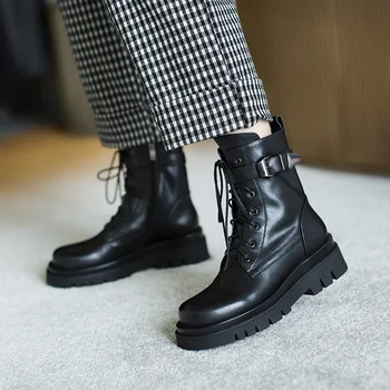 

Royesic Genuine cowhide Martin boots women's thick bottom 2020 autumn British style round toe zipper ankle boots women