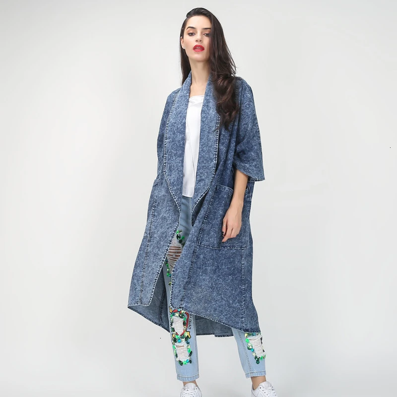 TWOTWINSTYLE джинсовая женская ветровка, воротник с лацканами, короткий рукав, свободный Тренч, осень для женщин, модная одежда