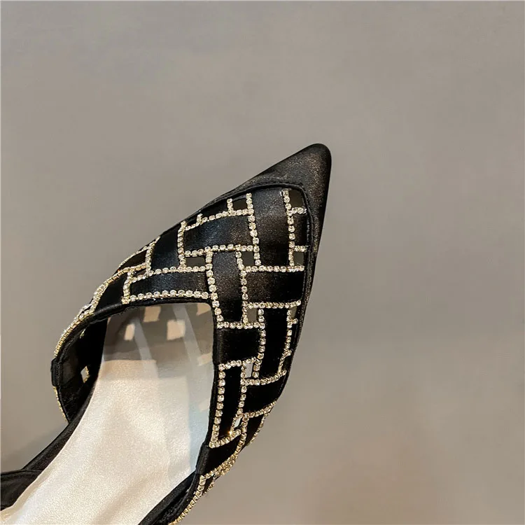 Sexy Rhinestone Braid Silk Strap Wedding Pumps One Strap Low Cut Pointy Toe Thin Heel crystal square cross Shoes party high heel