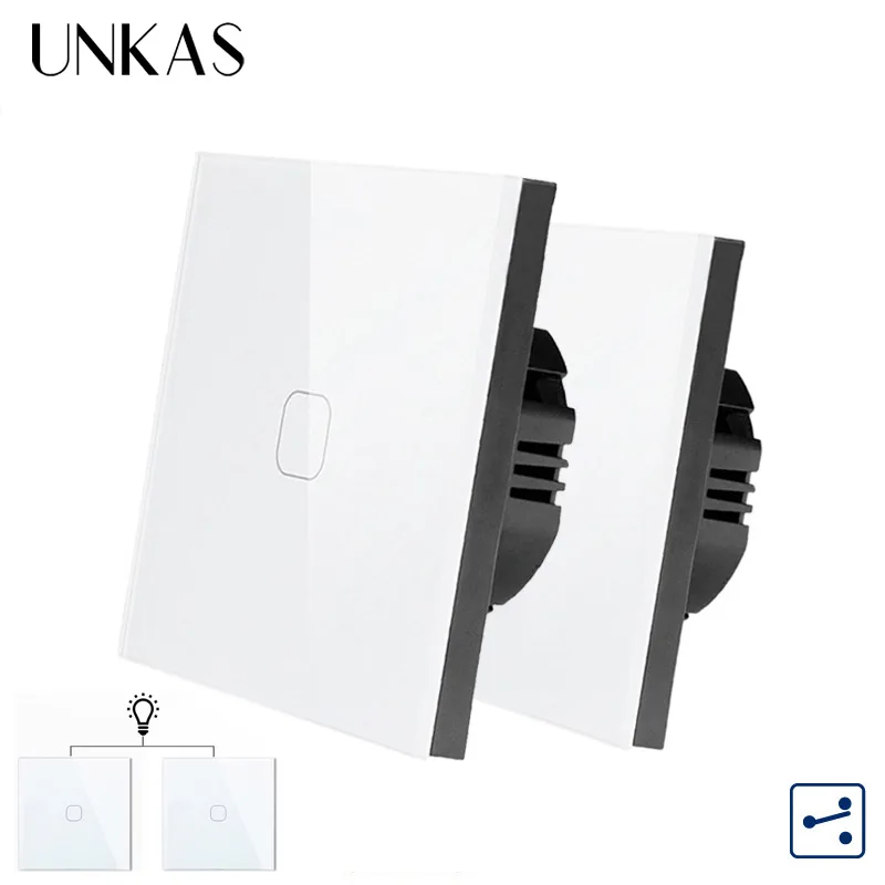 UNKAS EU/UK Standard,2 pcs 1 Gang 2 Way Wall Touch Switch, White Crystal Glass Switch Panel, 220-250V, Only Touch Function