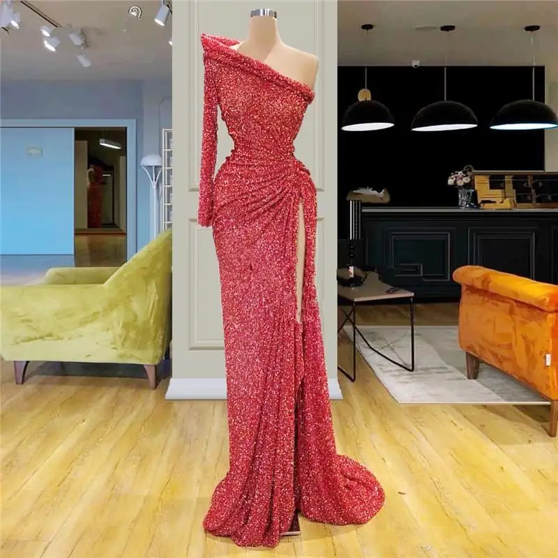 Вечерние платья с блестками, сексуальные платья на одно плечо abiye robe de soiree, вечерние платья со складками, Длинные вечерние платья с разрезом, vestido de festa longo