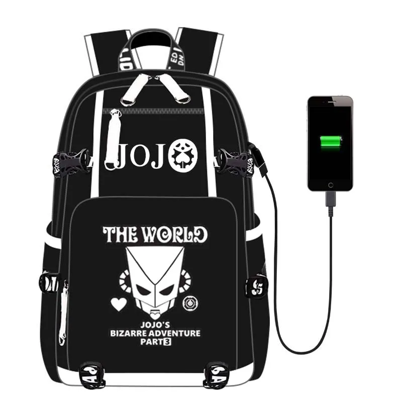 Рюкзак JoJo Adventure, рюкзак, дорожная школьная сумка, рюкзак, сумка для книг, USB порт, Черная передняя молния для мужчин, подростков, студентов