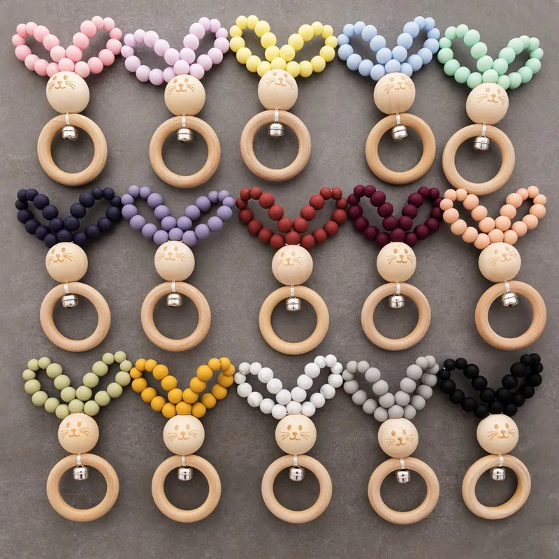 

Bite Bites 1PC Silicone Baby Teether Rodents Rabbit Bell Bracelet Silicone Beads Wooden Rings Baby Teether For Children's Goods