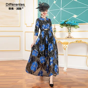 

2020 Jacquard Spring Summer Long Dress V-Neck Button Flowers Print Runway Dress Vintage Evening Dress Ankle-Length DZ2433