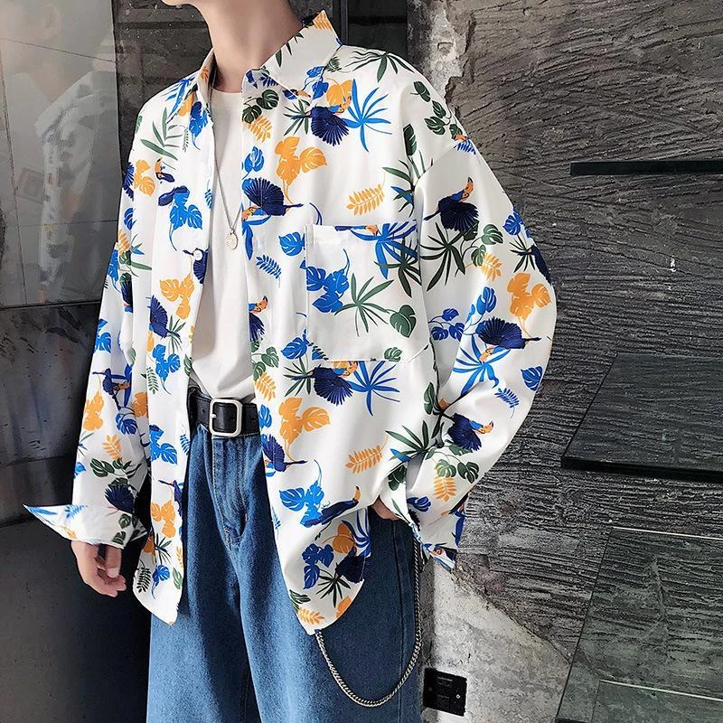 

2020 New Ins Floral Long Sleeve Shirt Hong Kong Style Retro Couple Casual Korean Style Chic Hawaiian Flower Shirt For Unisex
