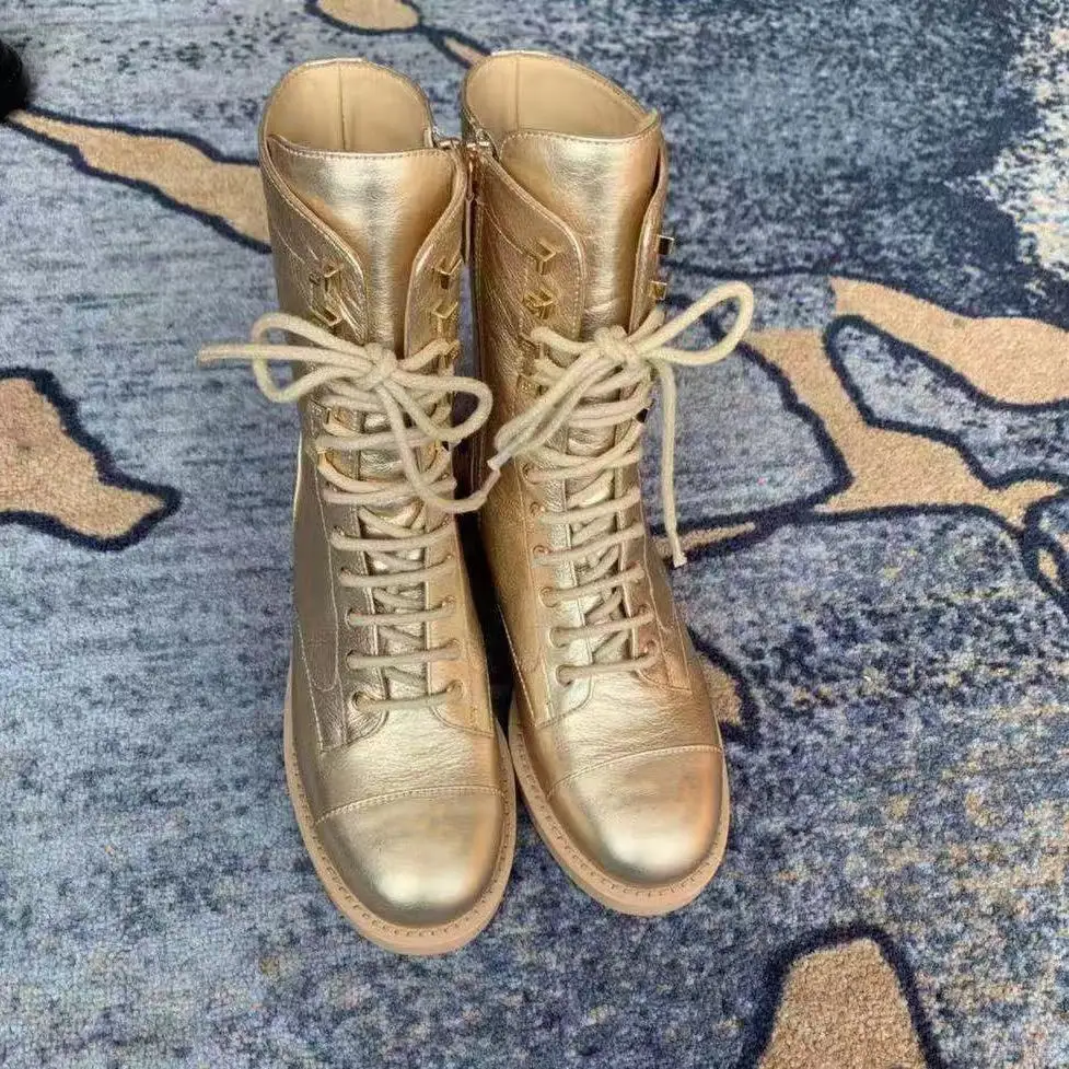 

Elegant Women Cow Leather Mid Calf Martin Boots 2019 Hot Fashion Golden Women Boots Female Footware Shoes Woman