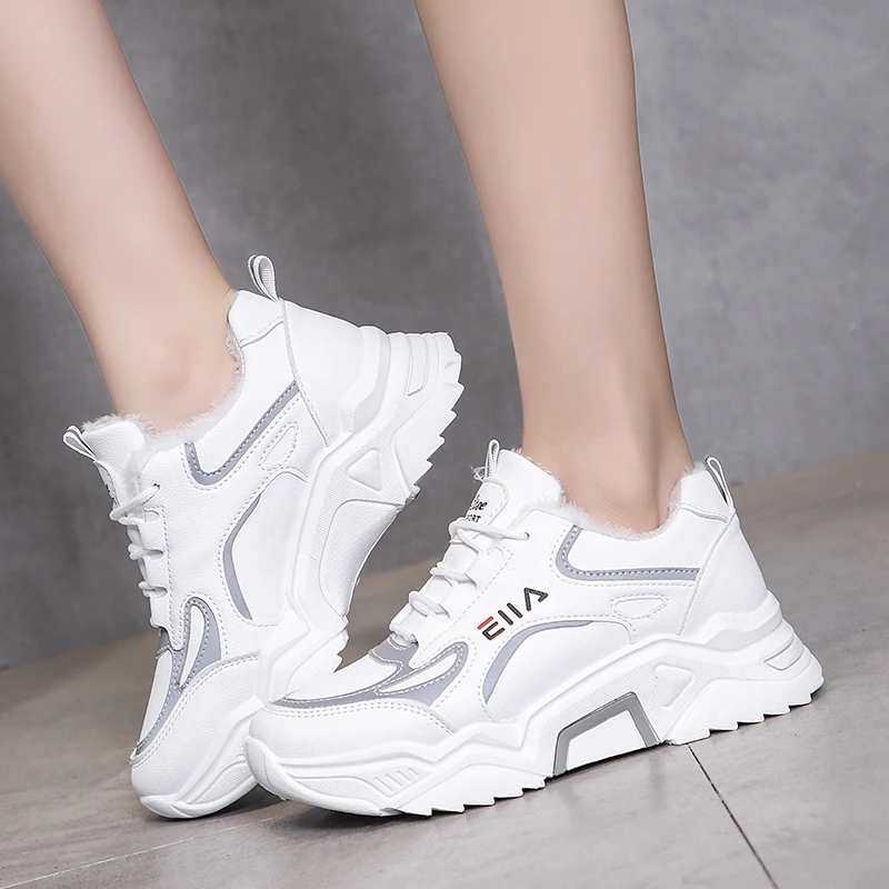 

2019 New Women Chunky Sneakers Lace-up Bling White Platform Sneakers Casual Dad Shoes